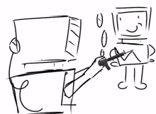 a black and white drawing of a person holding a gun and a box