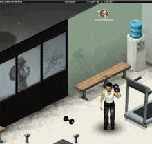 a man holding a dumbbell in a video game with the name john drake on the bottom