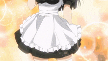 a girl with long black hair is wearing a white apron