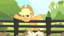 a cartoon pony looking over a fence with pigs