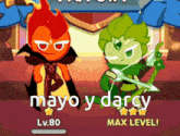 two cookie run characters are standing next to each other with mayo y darcy max level