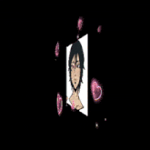 a drawing of a girl surrounded by hearts on a black background