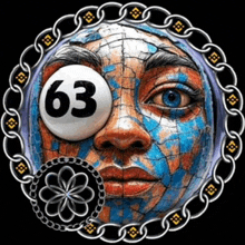 a painting of a woman 's face with a lottery ball in her eye with the number 63 on it
