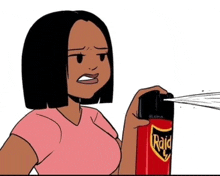 a cartoon of a woman holding a raid bug spray can