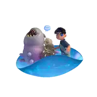 a cartoon of a man standing next to a large shark