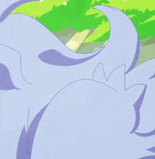 a blue cartoon character with a red heart in its mouth