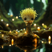 a small tree with yellow leaves and roots is surrounded by lights