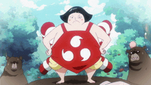a cartoon character with a red and white top with a white circle on the back