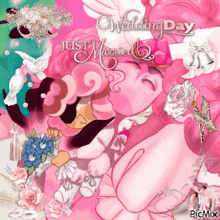 a picture of a bride and groom with the words wedding day just married at the bottom