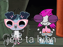 two cartoon characters are standing next to each other with the words jeje ta bien in the corner