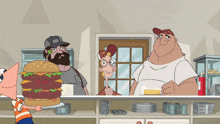 a group of cartoon characters are standing around a huge hamburger