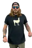 a man wearing sunglasses and a black shirt with a picture of a llama on it