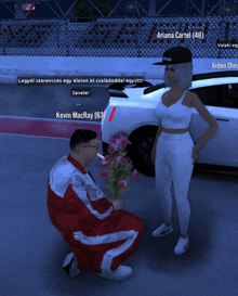 a man kneeling down with a bouquet of flowers in front of a woman named kevin macray