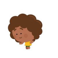 a cartoon character with curly hair is smiling and wearing a yellow shirt and green shorts