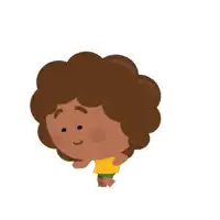 a cartoon character with curly hair is smiling and wearing a yellow shirt and green shorts