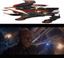 a drawing of a space ship next to a picture of a man in a suit