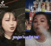 a woman smoking a cigarette next to another woman with the words " jangan lupa tsa isa "