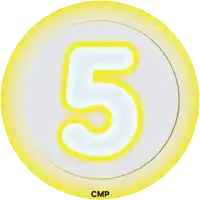 a yellow circle with a white number 5 inside of it