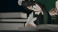 a girl in a maid outfit is writing with a white feather
