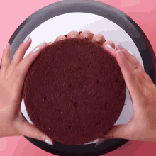 a person is holding a chocolate cake in their hands on a plate