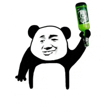 a panda bear is holding a green bottle of beer in its hand .