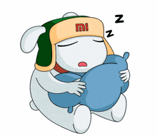 a cartoon rabbit wearing a mi hat is sleeping with a pillow