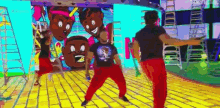 a group of people are dancing in front of a cartoon wall .