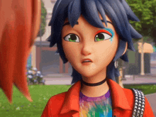 a cartoon girl with blue hair and green eyes is wearing an orange jacket