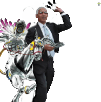 a man in a suit and tie is standing next to a horse with feathers on it