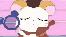 a cartoon mouse is holding a magnifying glass and a guitar .