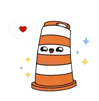 a cartoon drawing of a traffic cone with a face and a heart in a speech bubble