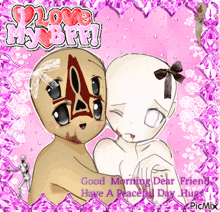 a picture of a girl and a monster with the words " good morning dear friend have a peaceful day hugs " on the bottom
