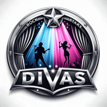 a logo for rock stars divas with a man and woman singing