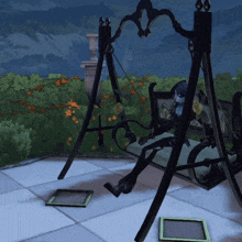 a cartoon character is sitting on a swing with a picture frame on the ground