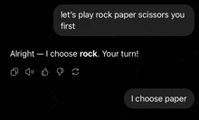 a screenshot of a text that says let 's play rock paper scissors you first