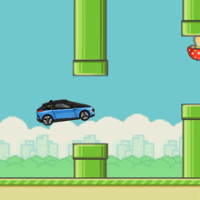 a blue car is flying through the air with the word very behind it