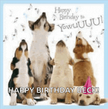 a group of dogs are standing next to each other singing happy birthday to beck .