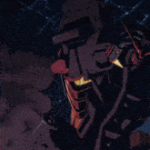 a purple and red robot with a yellow beam coming out of its mouth