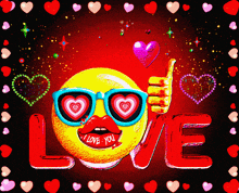 a smiley face with hearts in his eyes giving a thumbs up and the word love surrounded by hearts