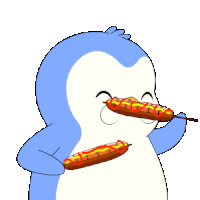 a blue and white penguin holding a hot dog with mustard on it