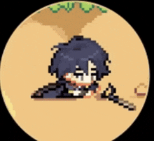 a pixel art of a boy laying down with a sword .