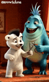 a cartoon character is holding a pair of scissors next to another cartoon character with a mohawk