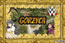 a picture of gorzyca with masha and the bear and a wrestling logo