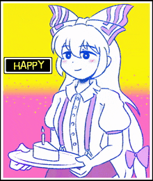 a drawing of a girl holding a cake with a happy sign behind her