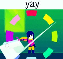 a cartoon of a girl holding a sword with the word yay in the corner