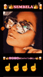 a woman wearing sunglasses is surrounded by emojis and the word sembela