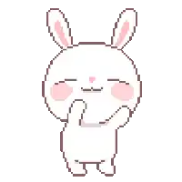 a pixel art of a white rabbit with pink cheeks covering its mouth with its hands .