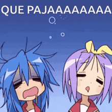 a cartoon of a girl with blue hair and a girl with purple hair and the words que pajaaaaaa
