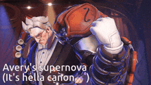 a picture of a man in a tuxedo with the words avery 's supernova it 's hella canon