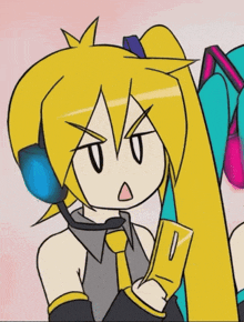 a cartoon of a girl with yellow hair and a microphone on her head